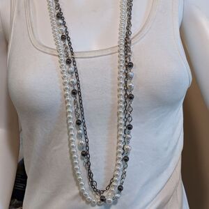 Long pearl, bead & chain necklace
